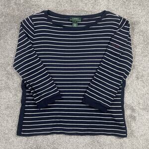 Lauren Ralph Lauren T Shirt Womens Medium Nautical‎ Stripe Pocket Navy Blouse